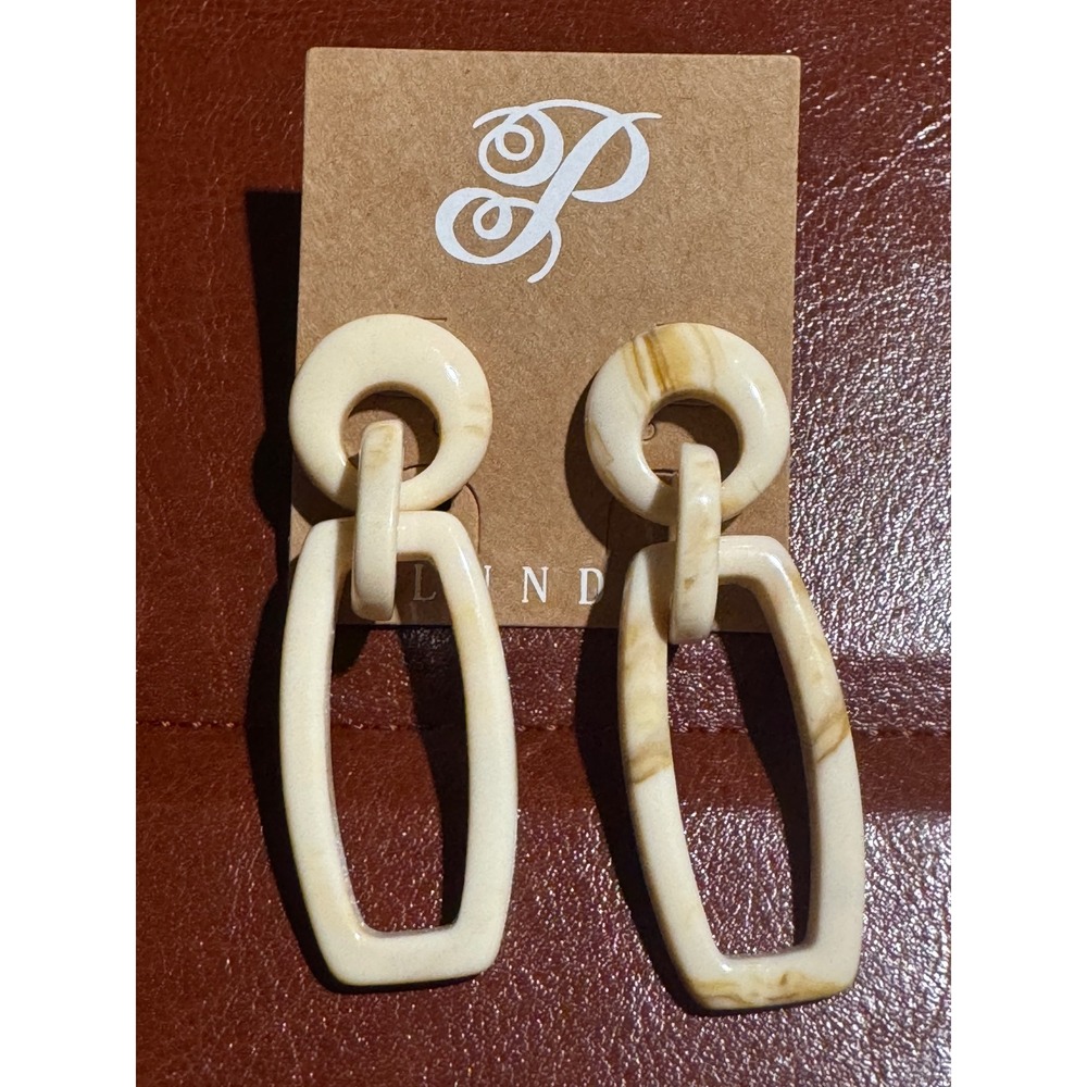 Plunder Design Marbled Cream Tan Resin Geometric Drop Earrings Neutral Statement